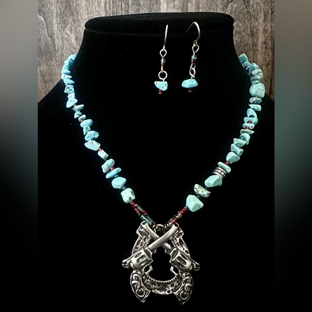 Western Style Necklace & Earrings with Turquoise and Coral Colored Beads
